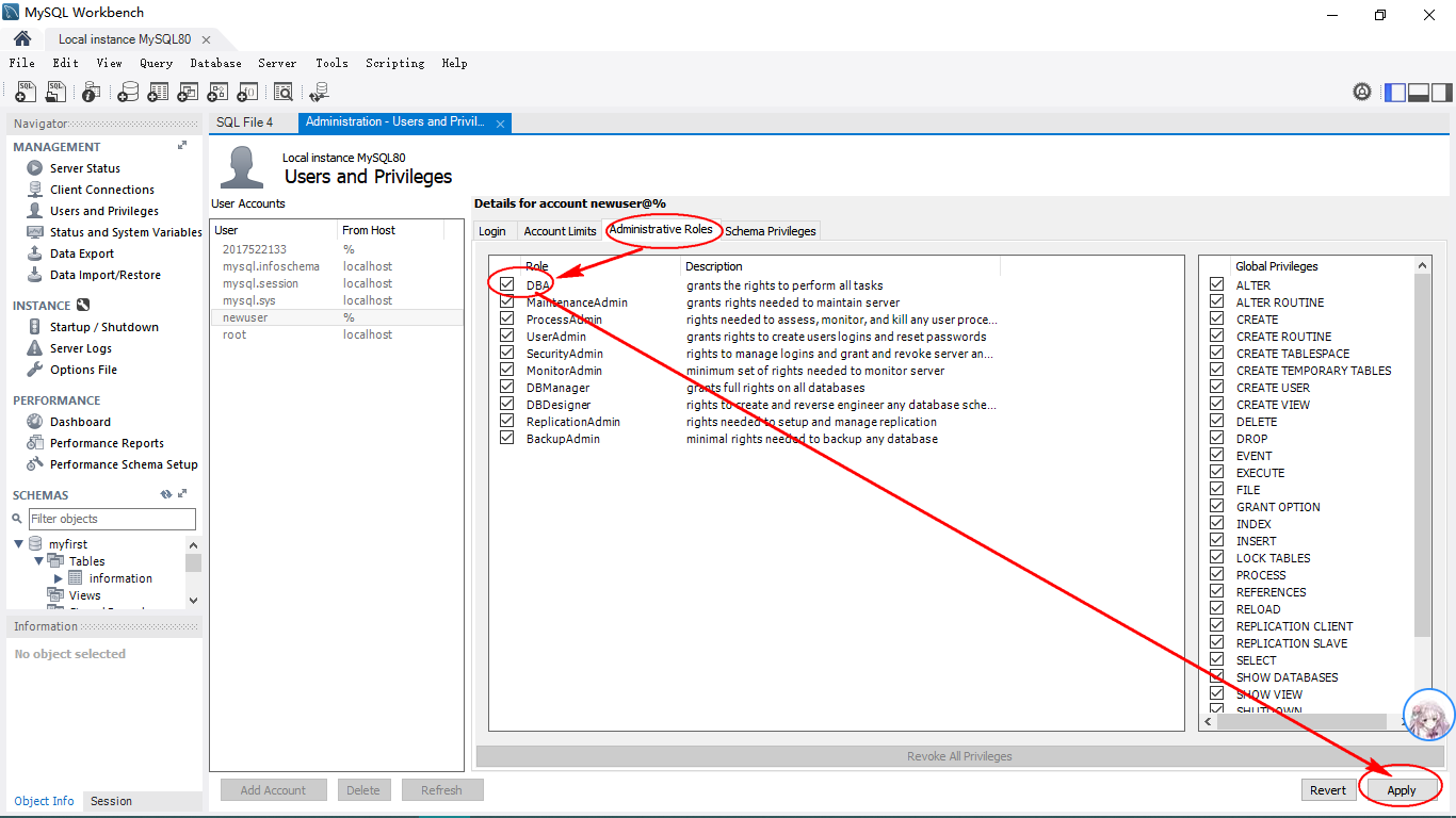 现在这个账户就具有了DBA权限